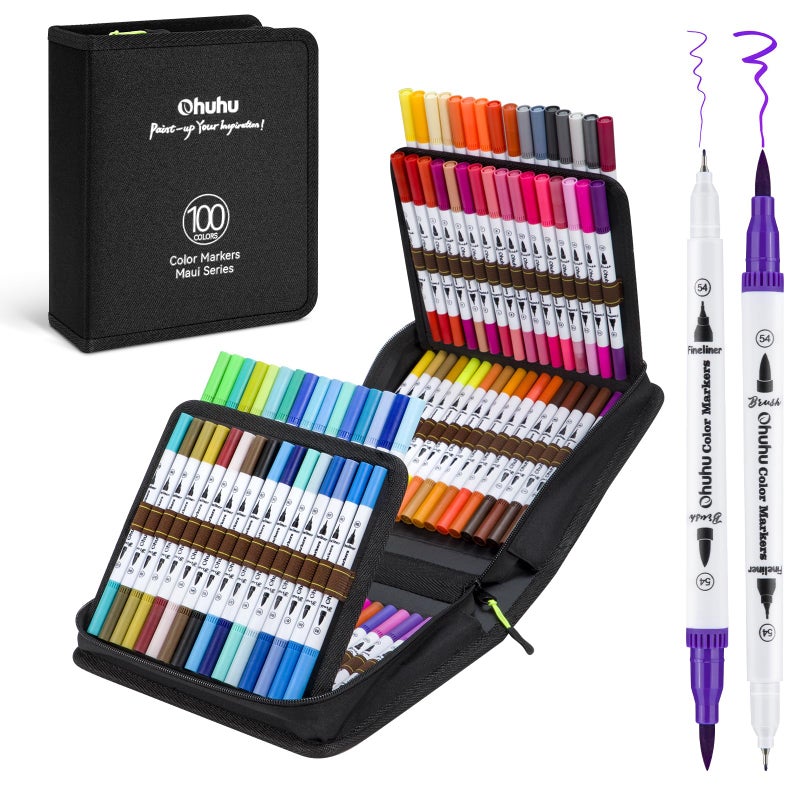 Ohuhu Markers For Adult Coloring Books: 100 Colors Coloring Markers Dual Tips Fine & Brush Drawing Pens Water-Based Art Markers For Kids Adults Sketch Bullet Journal With Carrying Case - Maui - White - Image 1
