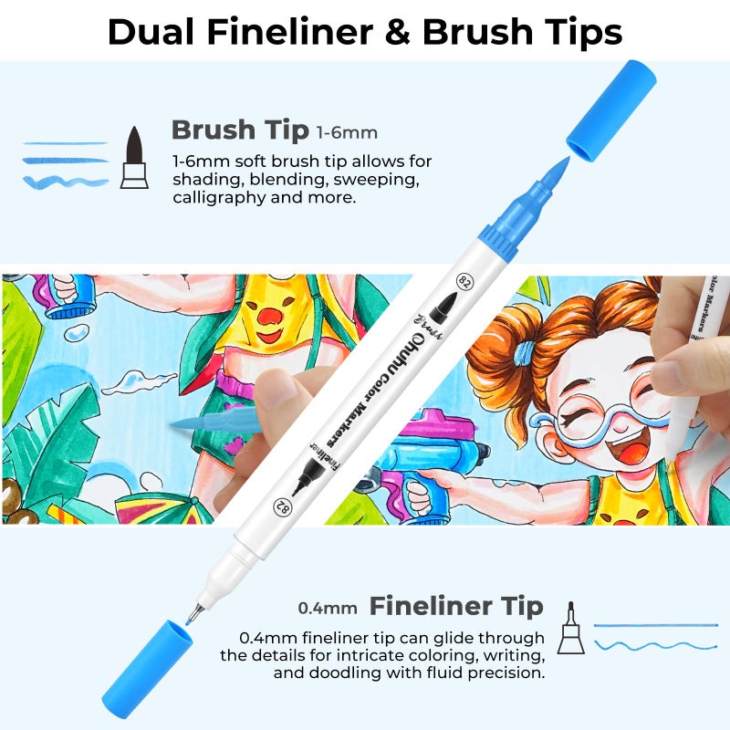 Ohuhu Markers For Adult Coloring Books: 100 Colors Coloring Markers Dual Tips Fine & Brush Drawing Pens Water-Based Art Markers For Kids Adults Sketch Bullet Journal With Carrying Case - Maui - White - Image 3