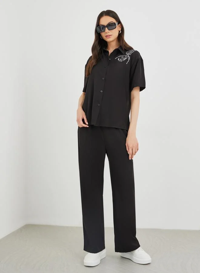 Take Two Take Two Embroidered Short Sleeve Shirt and Pants Co-Ords