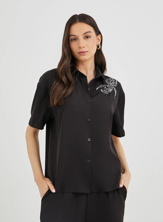 Take Two Take Two Embroidered Short Sleeve Shirt and Pants Co-Ords