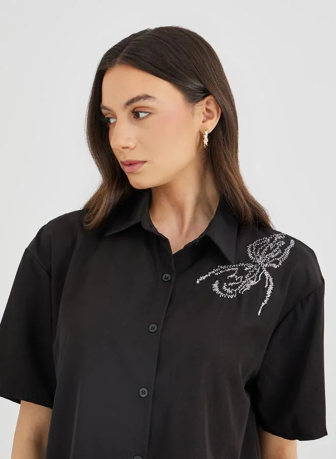 Take Two Take Two Embroidered Short Sleeve Shirt and Pants Co-Ords