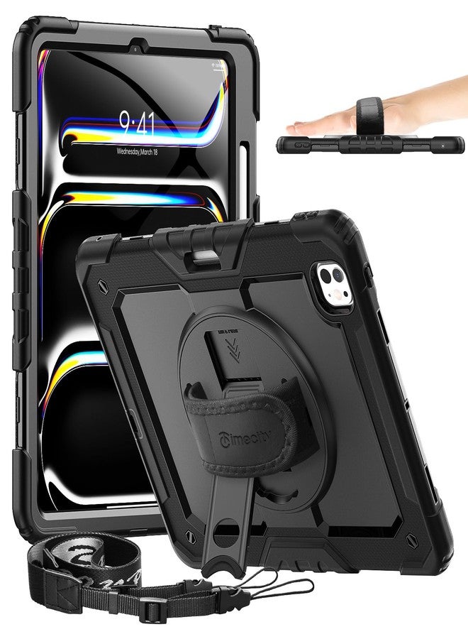 Timecity Case for iPad Pro 13 Inch M4 2024 7th Generation(Model: A2925,A2926,A3007) with Built-in Screen Protector, 360° Rotating Kickstand, Adjustable Shoulder Strap, Pencil Holder-Black - Image 1