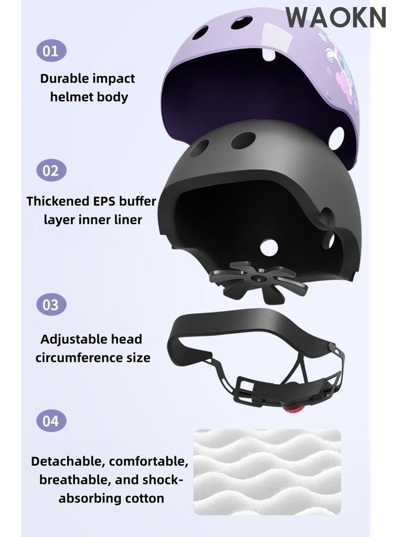 WAOKN Kids Helmet And Pad Set ,7 In 1 Adjustable Safety Toddler Helmet ,Kids Bike Helmet Protective Gear Set For Scooter Skateboard Roller Skating Cycling 2 to 14 Years,Thick protection, comfortable and breathable,purple. - Image 2