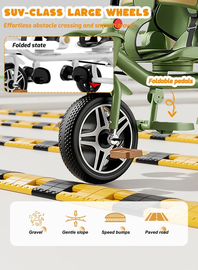 ما بيبي عربة أطفال قابلة للتحويل 2 في 1 ودراجة ثلاثية العجلات، دراجة عربة أطفال مزدوجة للتوأم، مقعد متكئ ودوران 360 درجة، دراجة ثلاثية العجلات للأطفال تنمو معي على 4 مراحل مع مظلة شمسية وأضواء موسيقية، تصميم خفيف الوزن وقابل للطي - Image 4