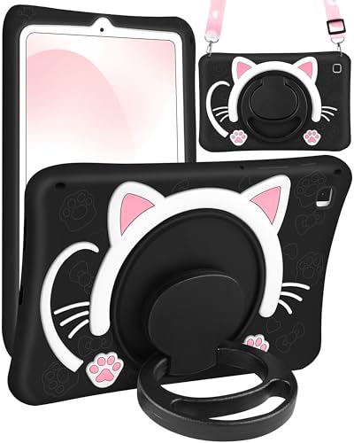 Wazzasoft for Samsung Galaxy Tab S6 Lite 104 Case Girls Cute Black Cat Cover Girly Kawaii Cartoon Women Kitten with Rotating Handle Stand Strap Soft Silicon Funda for Samsung S6 Lite Tablet Cases - Image 1