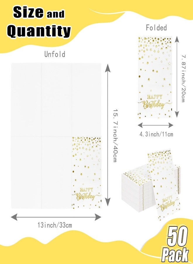 HEIPINIUYE 50 Pieces 3-ply Happy Birthday Napkins Disposable White and Gold Birthday Dinner Napkins Paper Napkins for Woman Man Birthday Party Bathroom Napkins Guest Disposable - Image 2