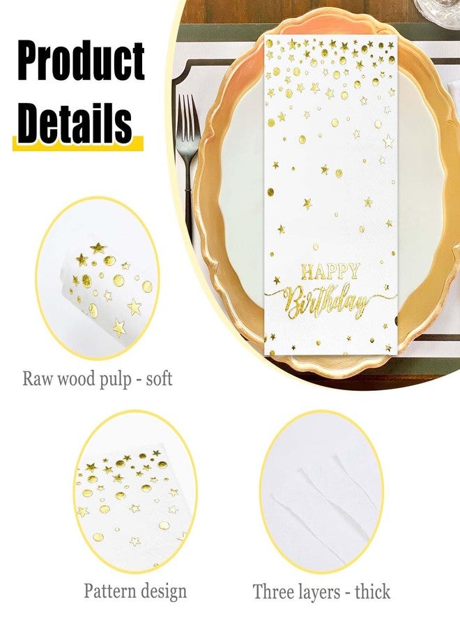 HEIPINIUYE 50 Pieces 3-ply Happy Birthday Napkins Disposable White and Gold Birthday Dinner Napkins Paper Napkins for Woman Man Birthday Party Bathroom Napkins Guest Disposable - Image 3