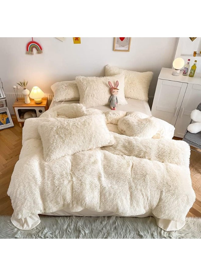 Generic chovy Faux Fur Plush Milky White Comforter Sets King - Ultra Soft Shaggy Flannel Velvet Fluffy Fuzzy 3PC Bedding Set  - Image 1