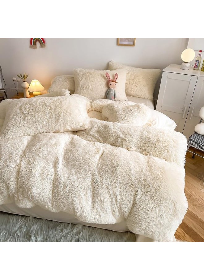 Generic chovy Faux Fur Plush Milky White Comforter Sets King - Ultra Soft Shaggy Flannel Velvet Fluffy Fuzzy 3PC Bedding Set  - Image 2
