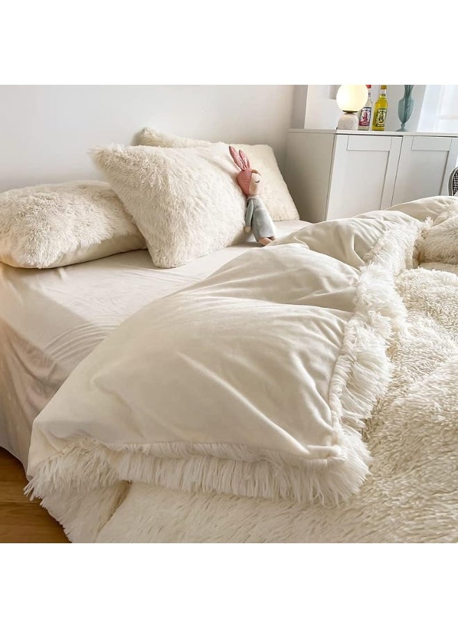 Generic chovy Faux Fur Plush Milky White Comforter Sets King - Ultra Soft Shaggy Flannel Velvet Fluffy Fuzzy 3PC Bedding Set  - Image 4
