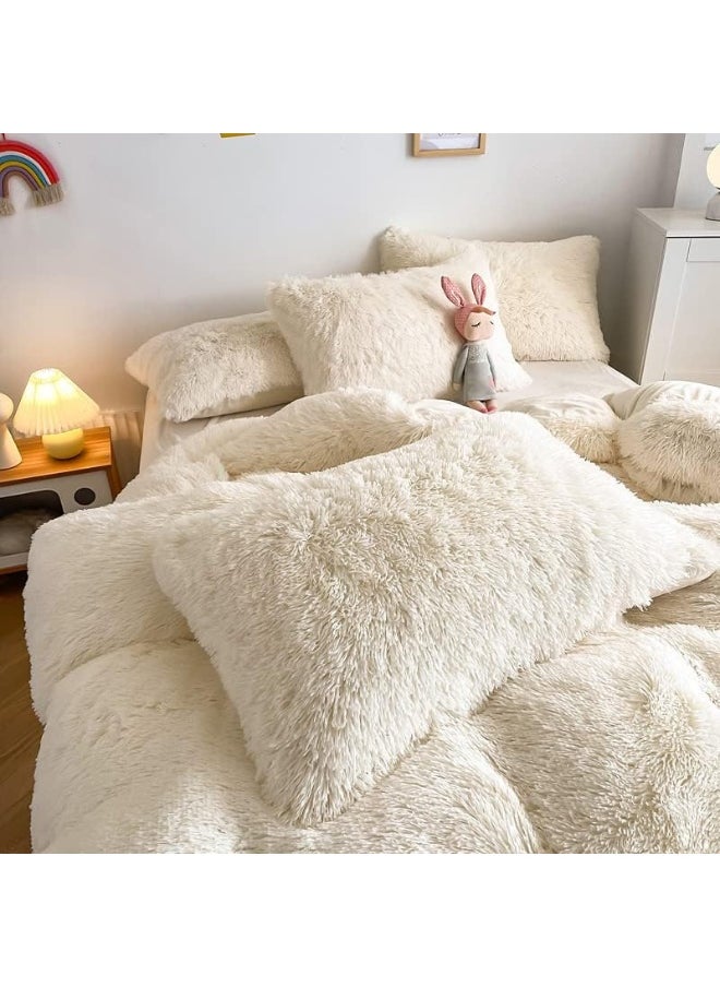 Generic chovy Faux Fur Plush Milky White Comforter Sets King - Ultra Soft Shaggy Flannel Velvet Fluffy Fuzzy 3PC Bedding Set  - Image 3