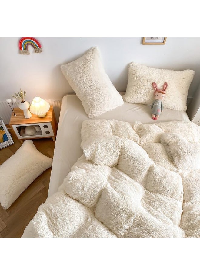 Generic chovy Faux Fur Plush Milky White Comforter Sets King - Ultra Soft Shaggy Flannel Velvet Fluffy Fuzzy 3PC Bedding Set  - Image 5