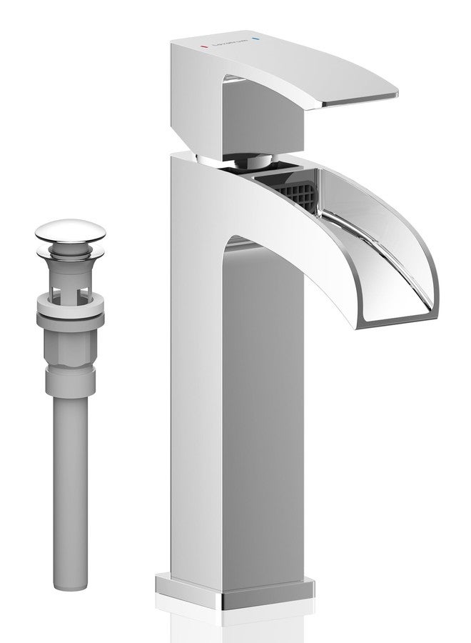 Lavatrum Polished Chrome Bathroom Faucet 1 Hole Waterfall, Vanity Faucet for Sink Single Handle Modern Mixer Tap with Pop-up Drain Stopper for Lavatory Farmhouse RV - Image 1