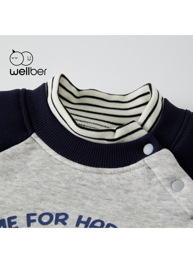 Wellber Autumn Winter Uni Kids Fleece-lined Two-piece Pullover Sweatshirt Baby Toddler Warm Top Navy Blue 120