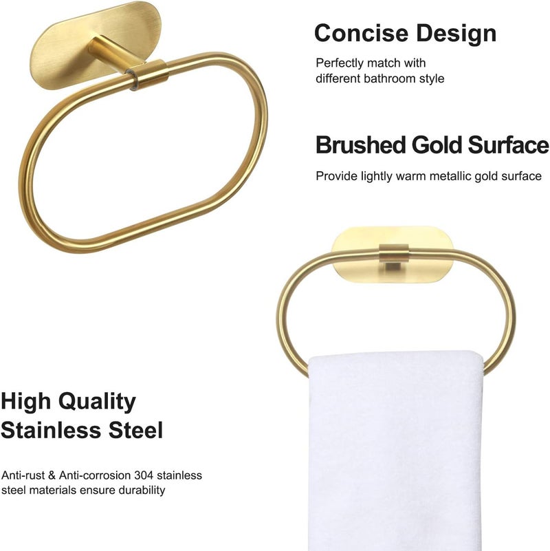 HouseAid Self Adhesive Towel Ring for Bathroom, Stainless Steel Adhesive Hand Towel Holder, No Drilling Modern Hand Towel Hanger, Brushed Gold - Image 4