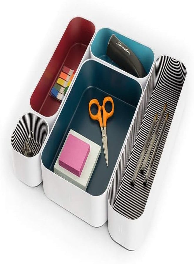 Three by Three Seattle 5 Piece Metal Organizer Tray Set for Storing Makeup, Stationery, Utensils, and More in Office Desk, Kitchen and Bathroom Drawers (2 Inch, Blue Berry and Stripes) - Image 2