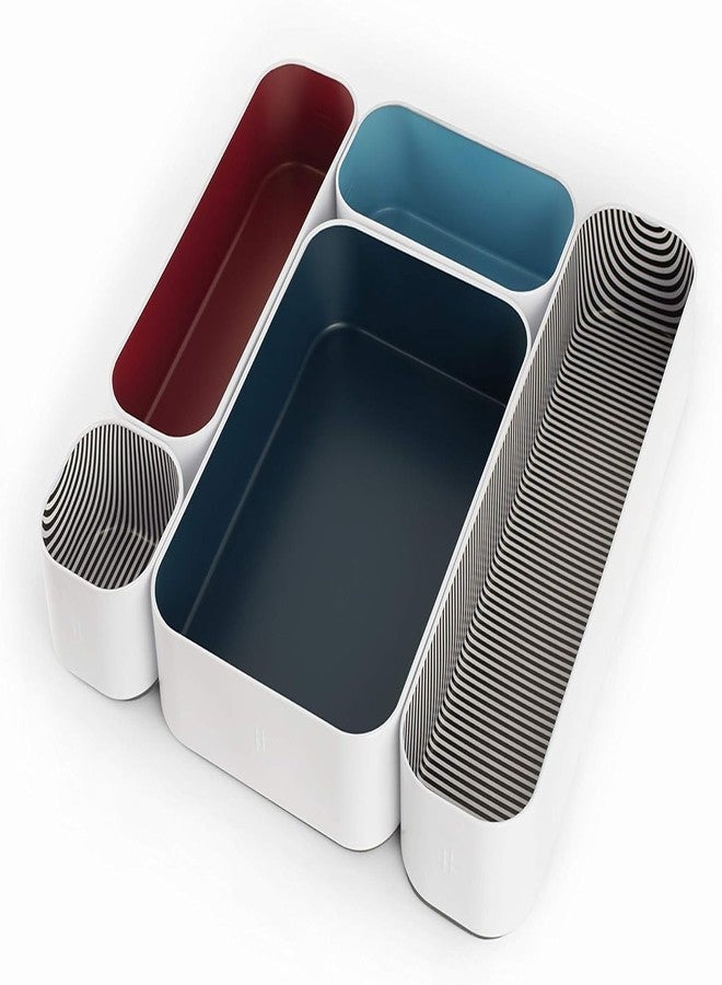 Three by Three Seattle 5 Piece Metal Organizer Tray Set for Storing Makeup, Stationery, Utensils, and More in Office Desk, Kitchen and Bathroom Drawers (2 Inch, Blue Berry and Stripes) - Image 1