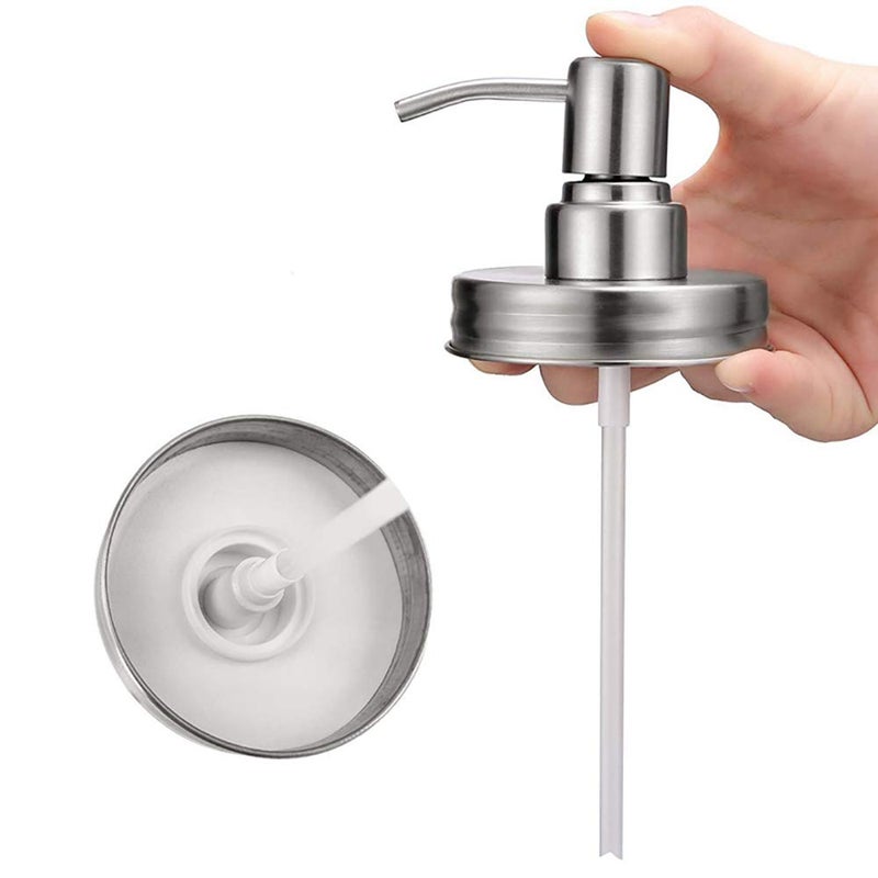 Watsango 2 Pack Mason Jar Soap Dispenser Lids with Pumps, Rustproof Stainless Steel Lotion Dispenser Lids Replacement for 16 oz Regular Mouth Mason Jar Decor, 2 Brushes Included Silver - Image 3