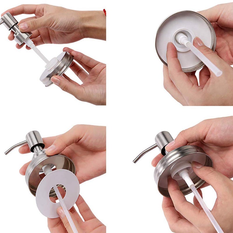 Watsango 2 Pack Mason Jar Soap Dispenser Lids with Pumps, Rustproof Stainless Steel Lotion Dispenser Lids Replacement for 16 oz Regular Mouth Mason Jar Decor, 2 Brushes Included Silver - Image 5