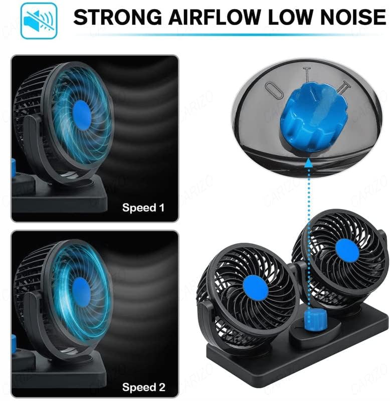 Care4 مروحة مزدوجة الرأس بسرعتين 360 درجة مع كابل USB للسيارة والشاحنة 12V باللون الأسود - Image 2