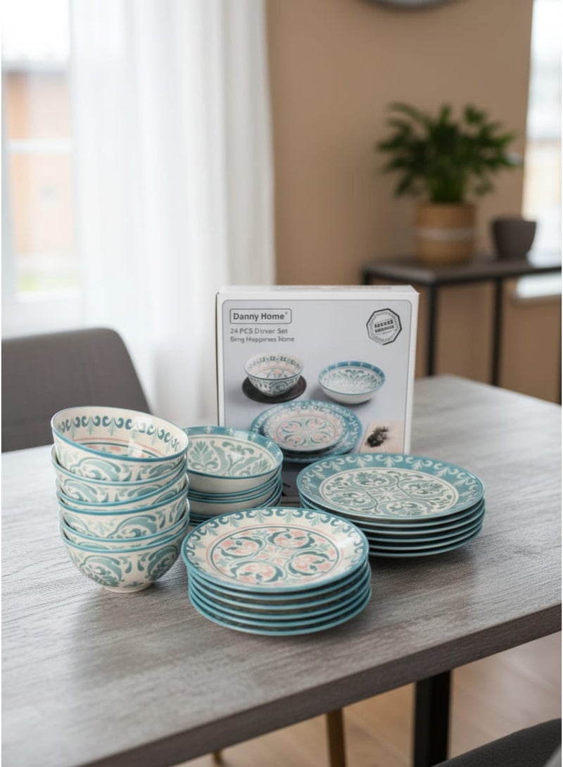 داني هوم طقم عشاء زهري من السيراميك الأزرق، 24 قطعة، 103-SF14-24T - Image 1