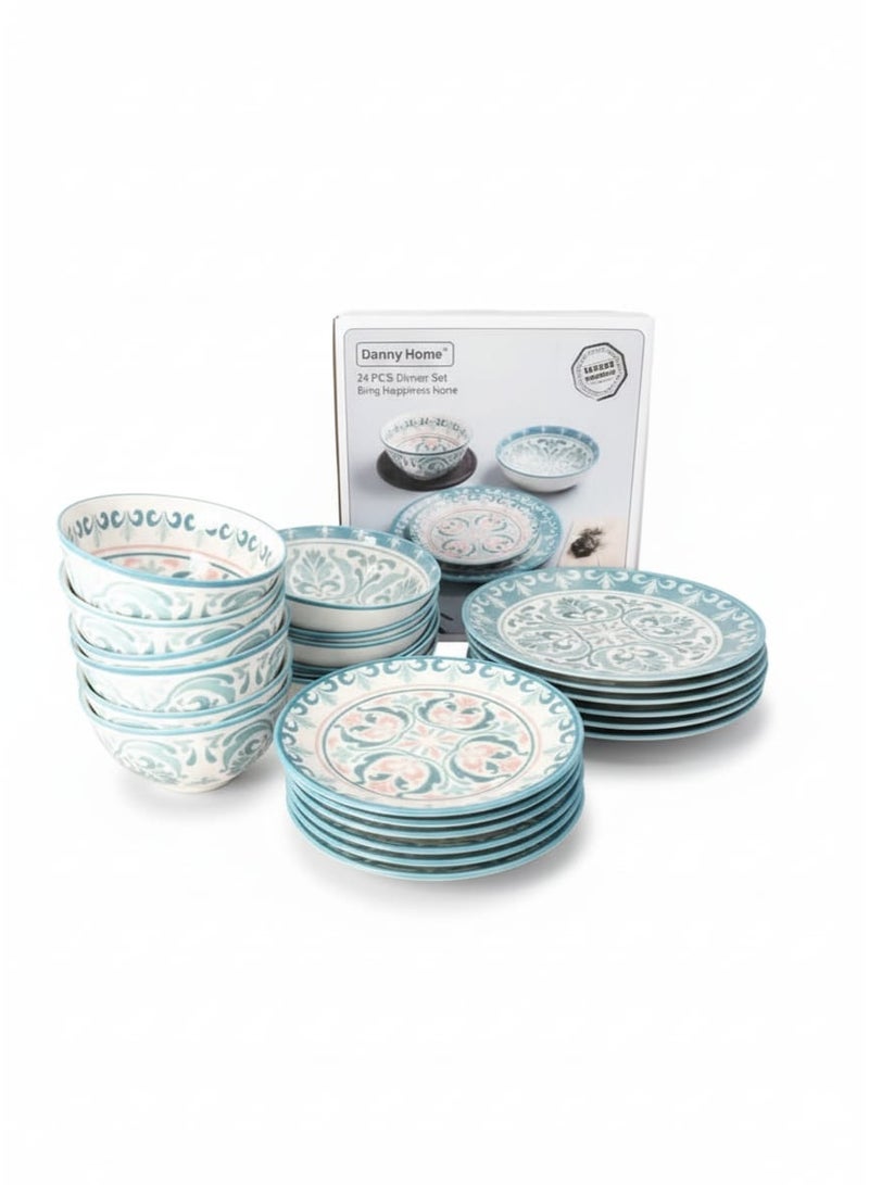 داني هوم طقم عشاء زهري من السيراميك الأزرق، 24 قطعة، 103-SF14-24T - Image 2