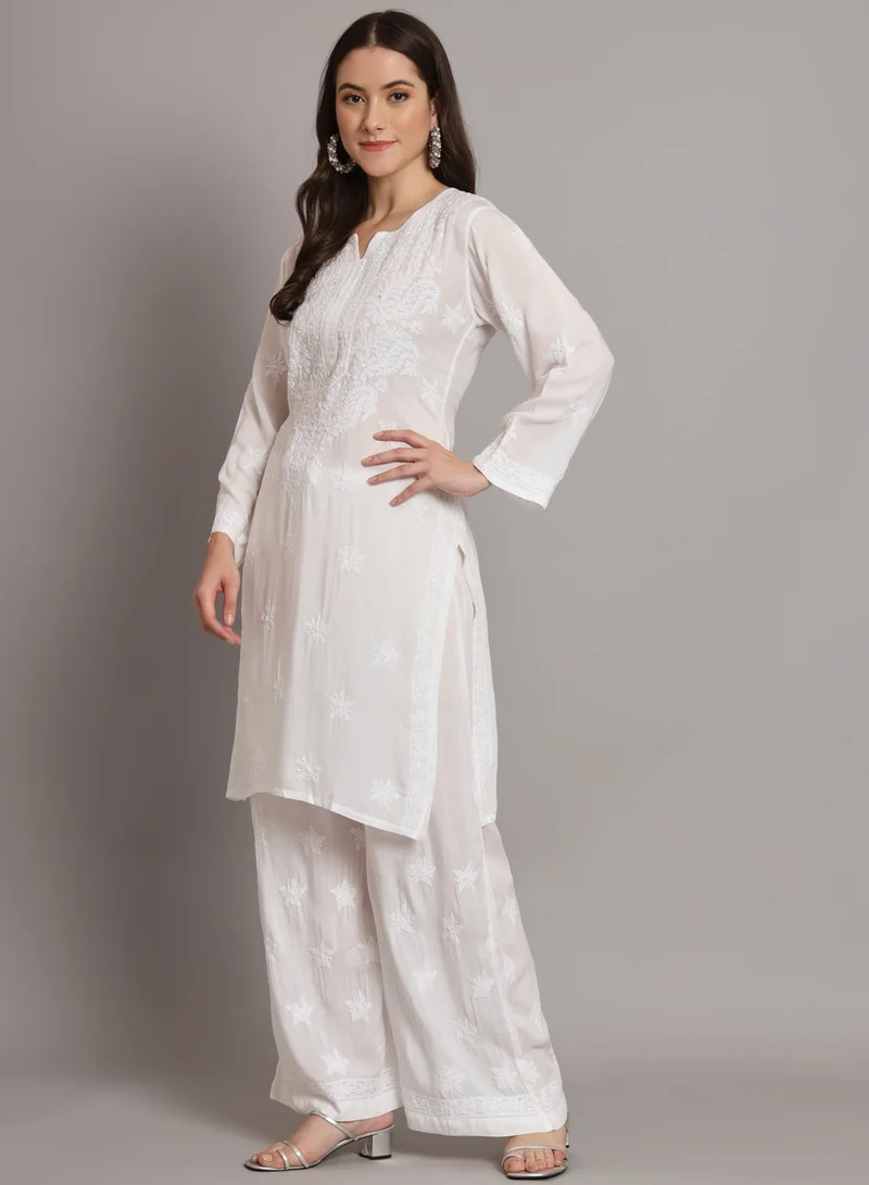 Alaya Women Hand Embroidered Lucknowi Chikankari White Modal Kurta Set