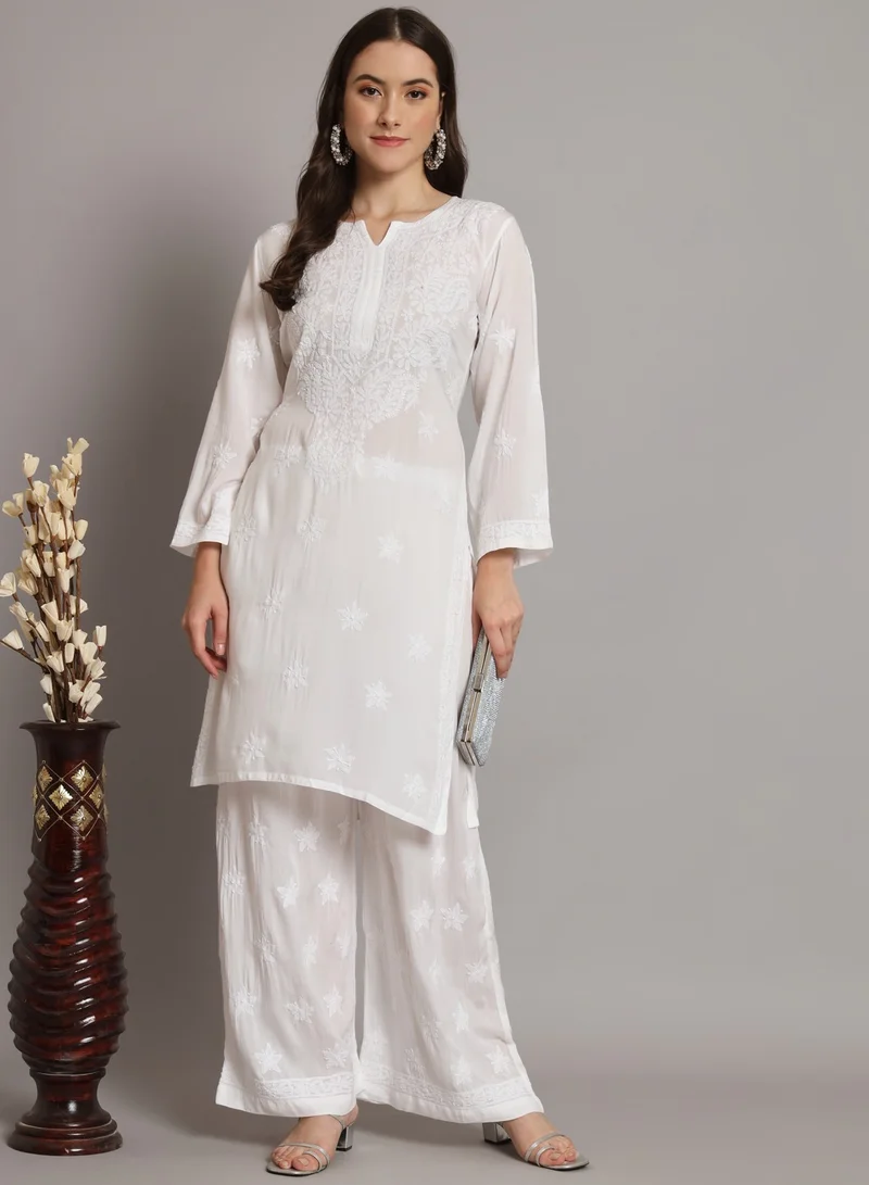 Alaya Women Hand Embroidered Lucknowi Chikankari White Modal Kurta Set