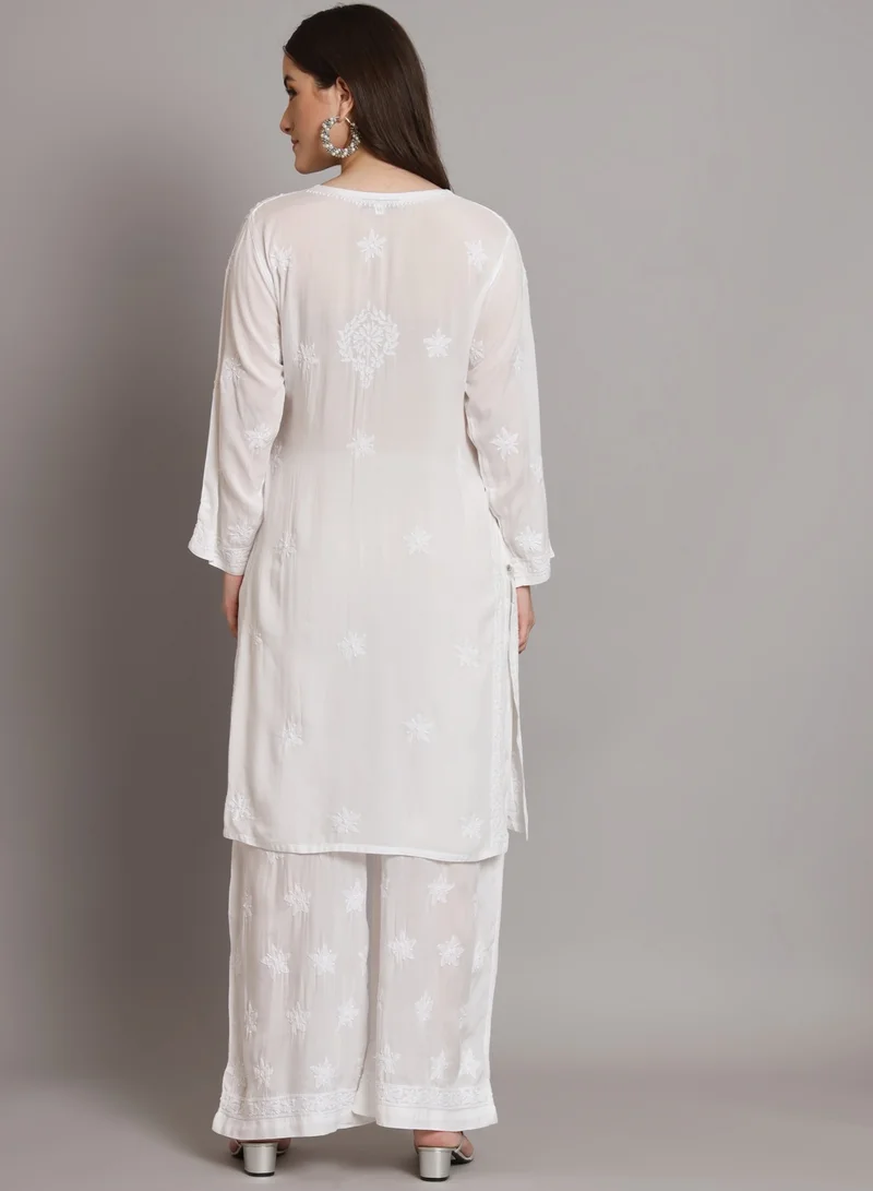 Alaya Women Hand Embroidered Lucknowi Chikankari White Modal Kurta Set