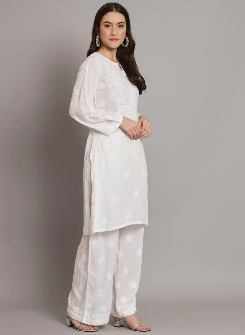 Alaya Women Hand Embroidered Lucknowi Chikankari White Modal Kurta Set