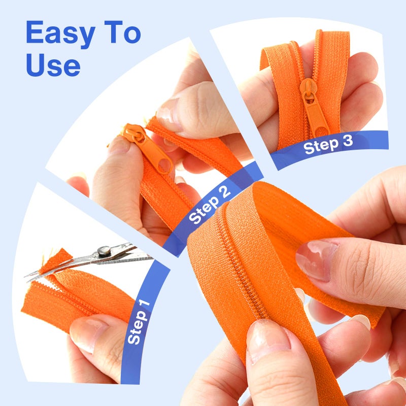 Lalolee 60 Yards 20 Pcs Sewing Colors Zippers Bulk #5 Nylon Coil Assorted Lengths Sewing Zipper with 200Pcs Pull Heads, for DIY Sewing, Bag Pack, Crafts Zipper Tape for Clothes, Purse Making Supplies Kit - Image 3