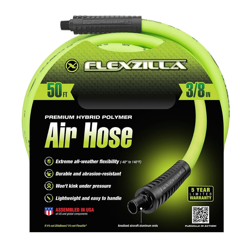 Flexzilla Air Hose, 3/8 in. x 50 ft., 1/4 in. MNPT Fittings, Heavy Duty, Lightweight, Hybrid, ZillaGreen - HFZ3850YW2 - Image 2