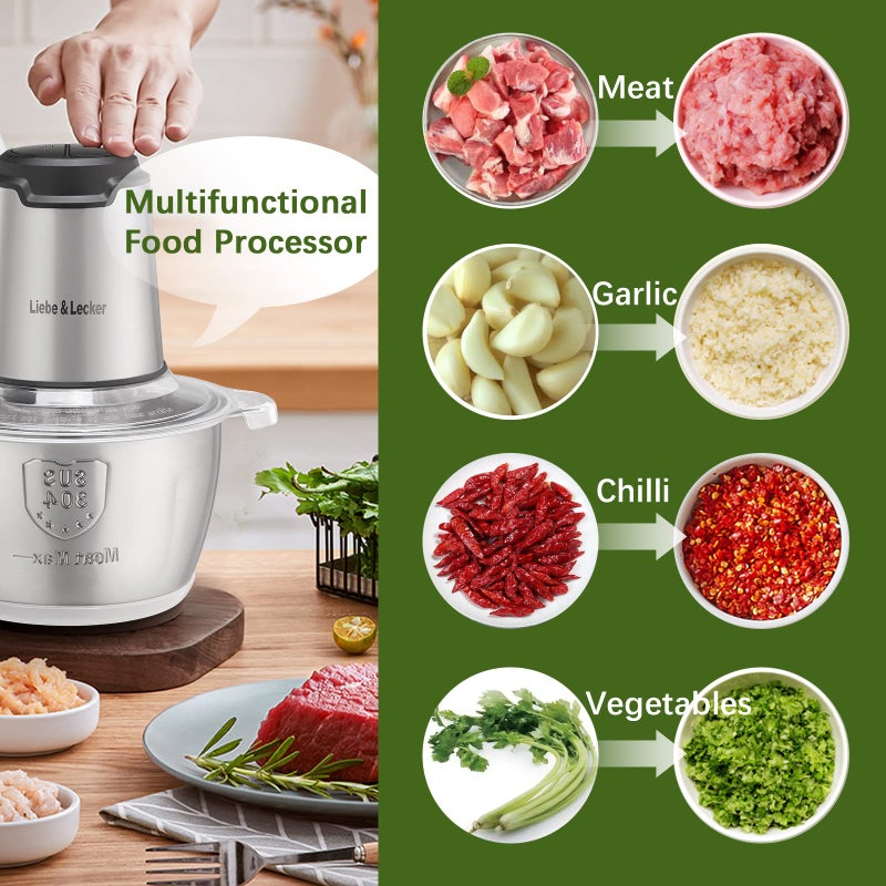 Liebe&Lecker Food Processor, Meat Grinder with 1 Bowl 8 Cup, Electric Food Chopper with 4 Large Sharp Blades for Meat, Fruits, Vegetables, Baby Food, Nuts, 2 Speed - Image 2
