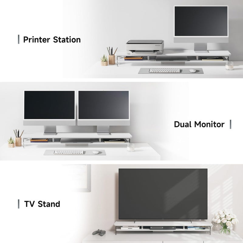 Fenge Acrylic Monitor Stand Riser, 42.5 Inches Dual Monitor Stand with Metal Storage, 2 Tier Acrylic Computer Riser for Desk, Clear Laptop Stand for PC, Laptop, Printer, TV, White - Image 5