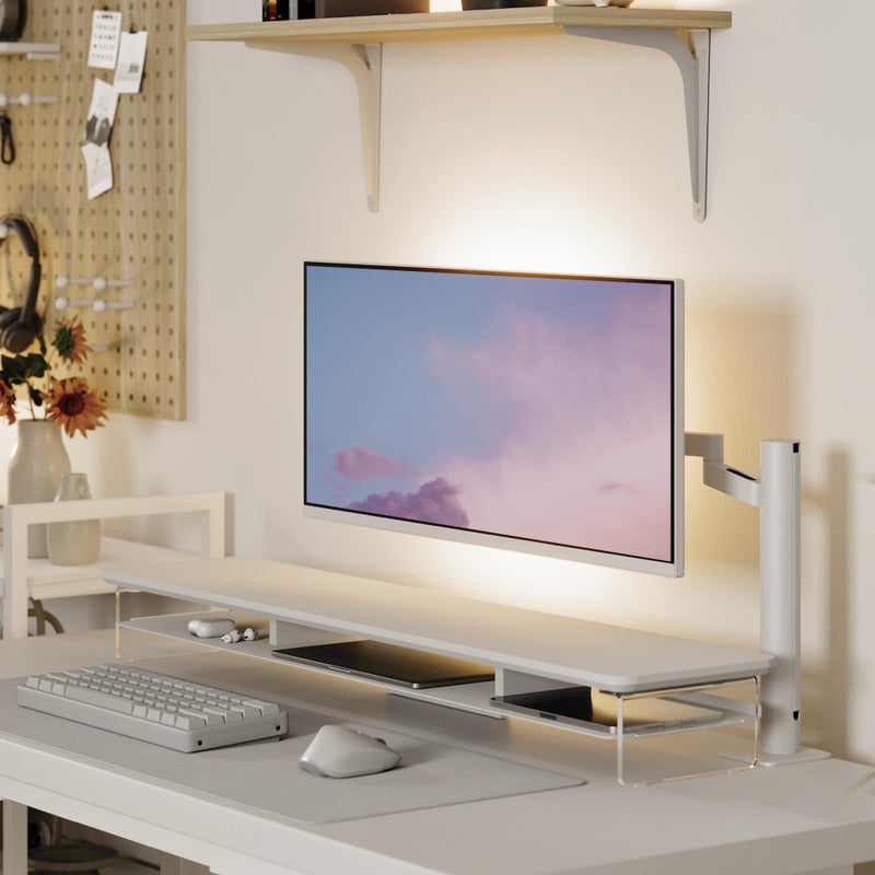 Fenge Acrylic Monitor Stand Riser, 42.5 Inches Dual Monitor Stand with Metal Storage, 2 Tier Acrylic Computer Riser for Desk, Clear Laptop Stand for PC, Laptop, Printer, TV, White - Image 2