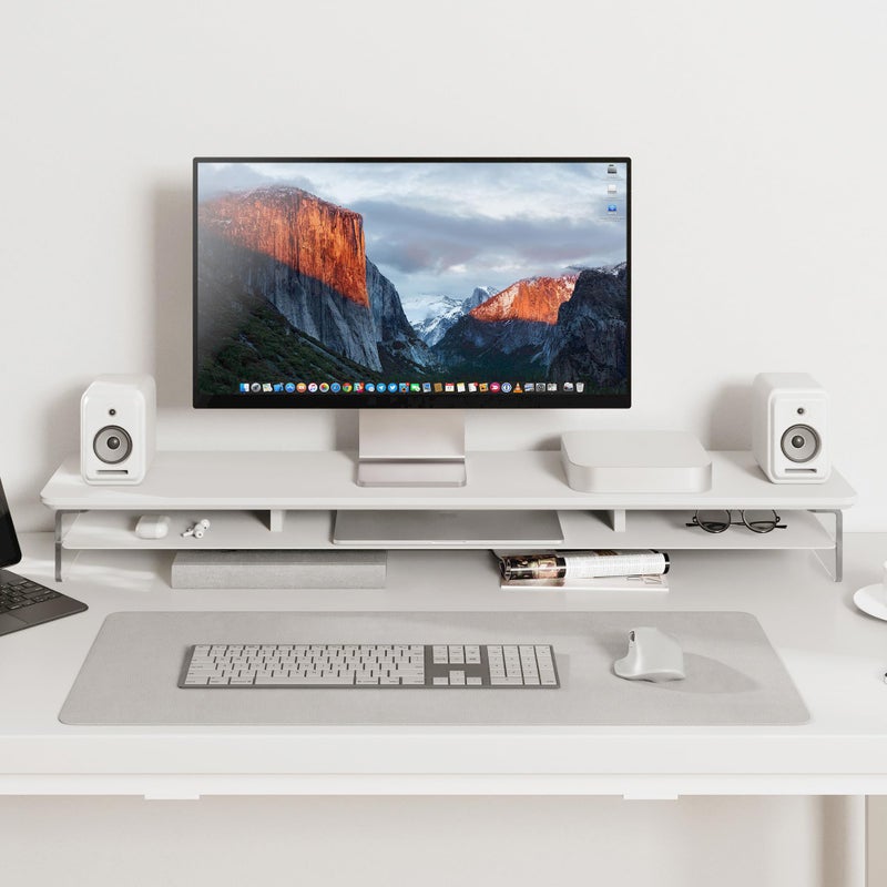 Fenge Acrylic Monitor Stand Riser, 42.5 Inches Dual Monitor Stand with Metal Storage, 2 Tier Acrylic Computer Riser for Desk, Clear Laptop Stand for PC, Laptop, Printer, TV, White - Image 3