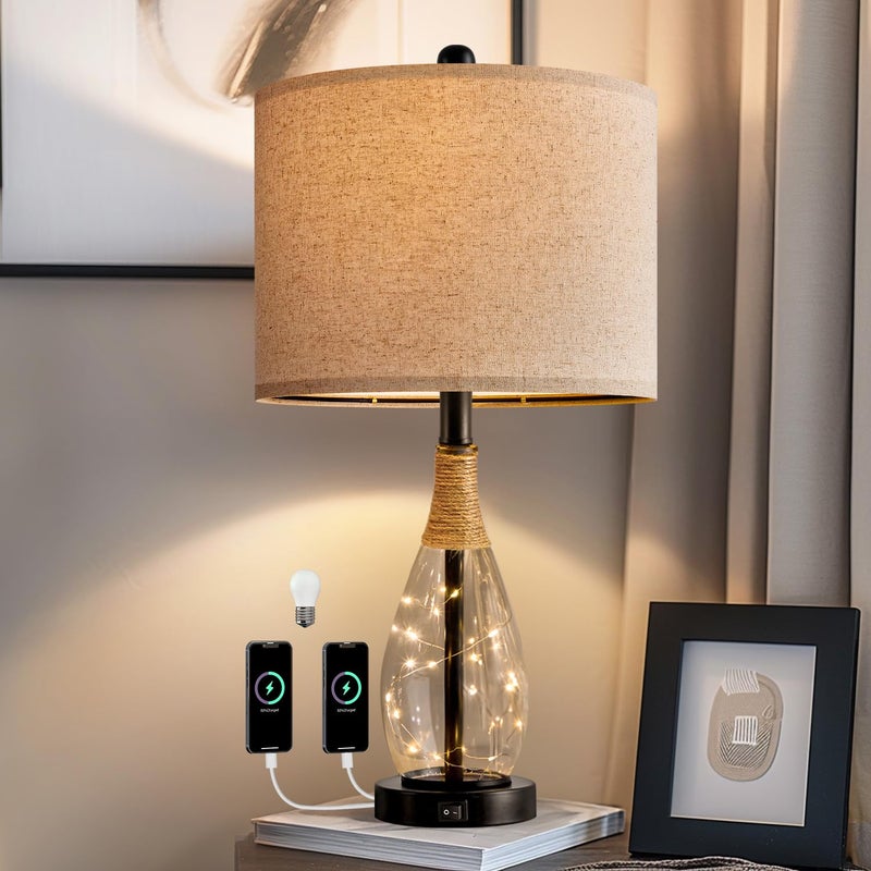 OYEARS Bedside Table Lamp with USB 23 Black Modern Nightstand Lamps for Bedroom Retro Rattan Table Lamps for Night Stands Living Room Farmhouse Table Lamp with Glass Nightlight Lamps