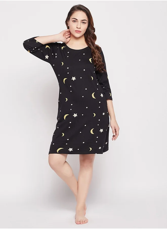 Clovia Clovia Fish Print Short Night Dress in Black - 100% Cotton