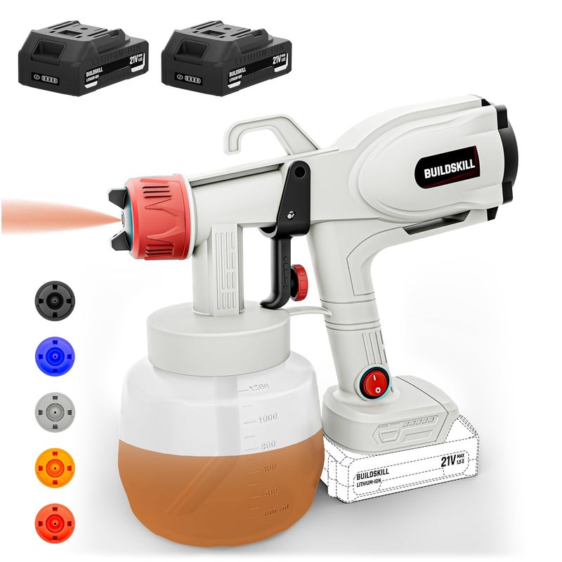 BUILDSKILL 21V Cordless Paint Sprayer | 2 X 1.5Ah Batteries | 1200ML Container | 5 Nozzles | 44000RPM Speed Copper Motor | Heat Sink | 3 Spray Patterns Paint Spray Machine for Home & Professional Use - Image 1