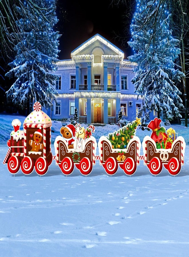 Marsui 4 Pieces Christmas Train Outdoor Lawn Sign Decorations Gingerbread Xmas Tree Yard Sign with 8 Stakes Holiday Outside Yard Stakes Bells Lawn Decor Signs for Home Patio Yard Lawn Decoration - Image 1