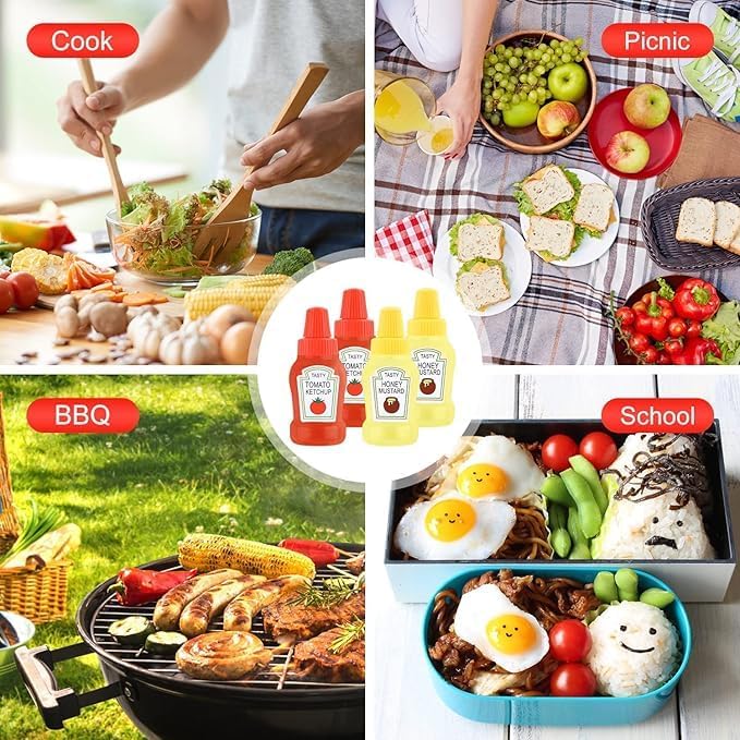 FASHRAMP 4pcs 25ml Mini Condiment Squeeze Bottles Dispensers With Screw Cap For Ketchup/Honey/Salad/Soy Sauce Portable Storage Containers Jars Office School Multicolor - Image 2