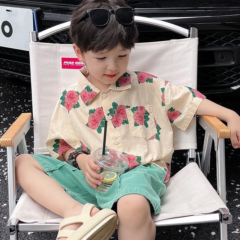 Boys'' Summer Shirt Short-Sleeve Shorts Set, Stylish Hong Kong Style for Boys, Beach Vacation Children''s Trendy Outfit - Image 1