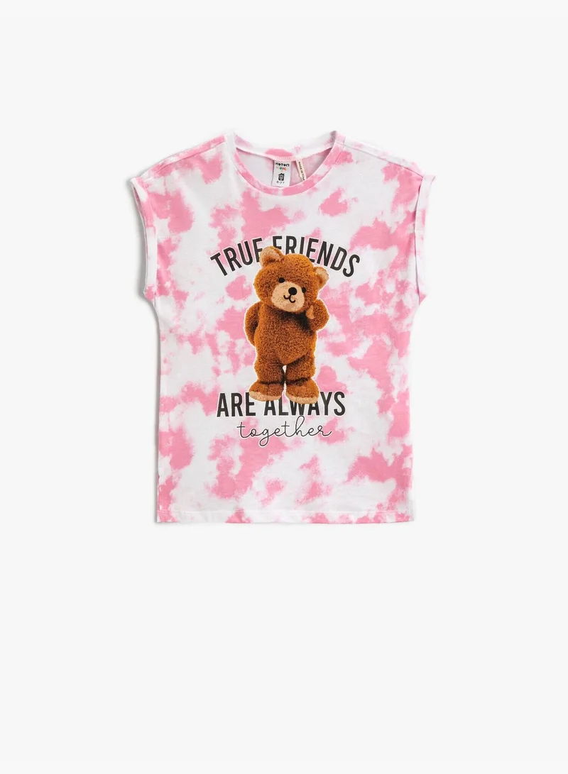 KOTON Teddy Bear Printed T-Shirt Tie-Dye Patterned Sleeveless Cotton
