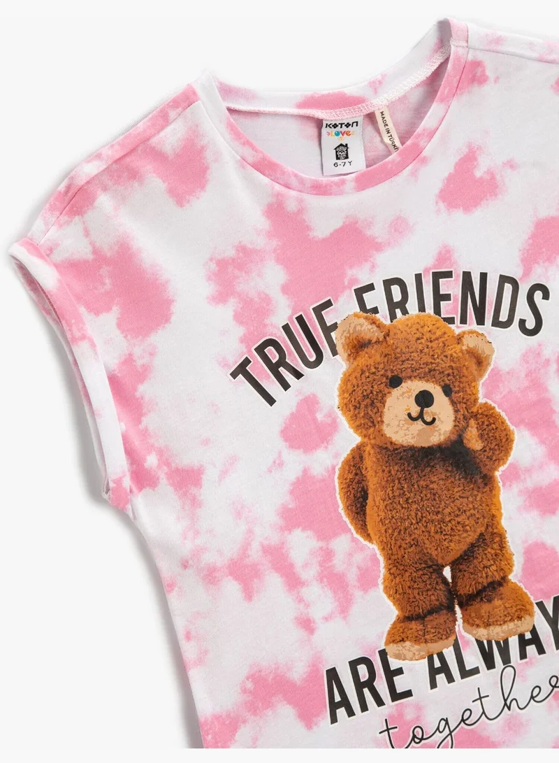 KOTON Teddy Bear Printed T-Shirt Tie-Dye Patterned Sleeveless Cotton