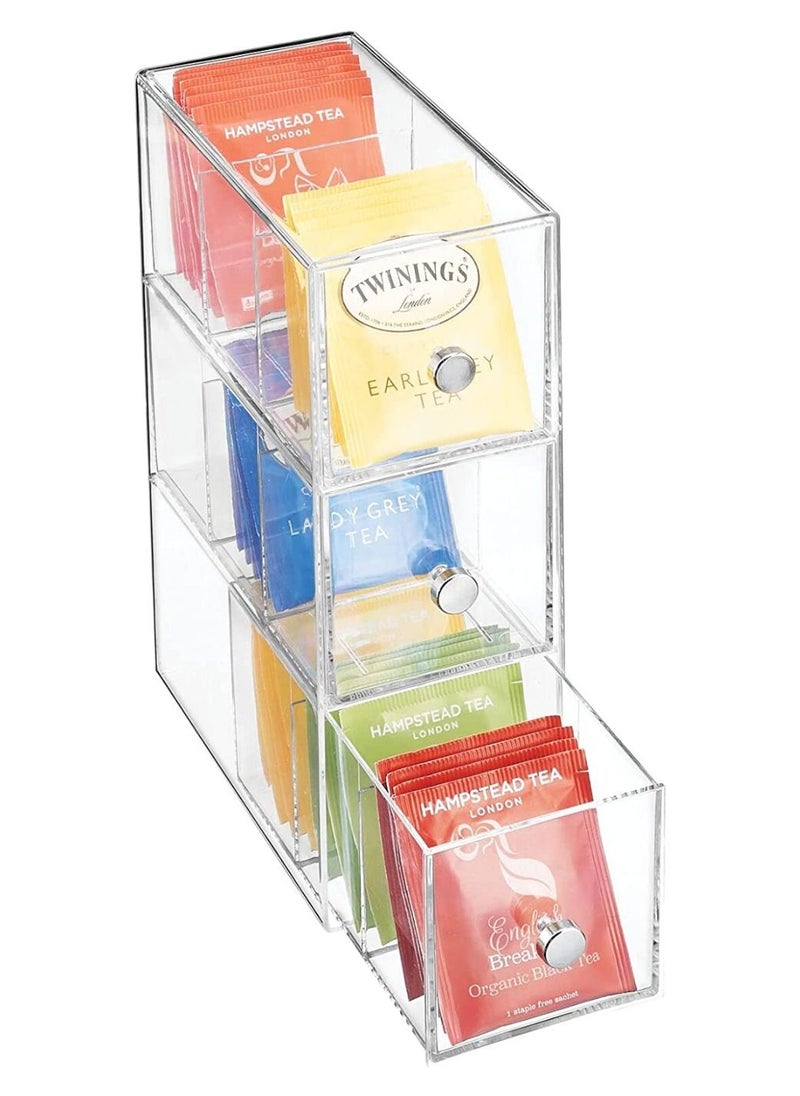 QUESERA Kitchen Organiser with 3 Drawers Storage Box for Tea Bags Coffee Capsules Sweeteners and More Plastic Tea Chest 