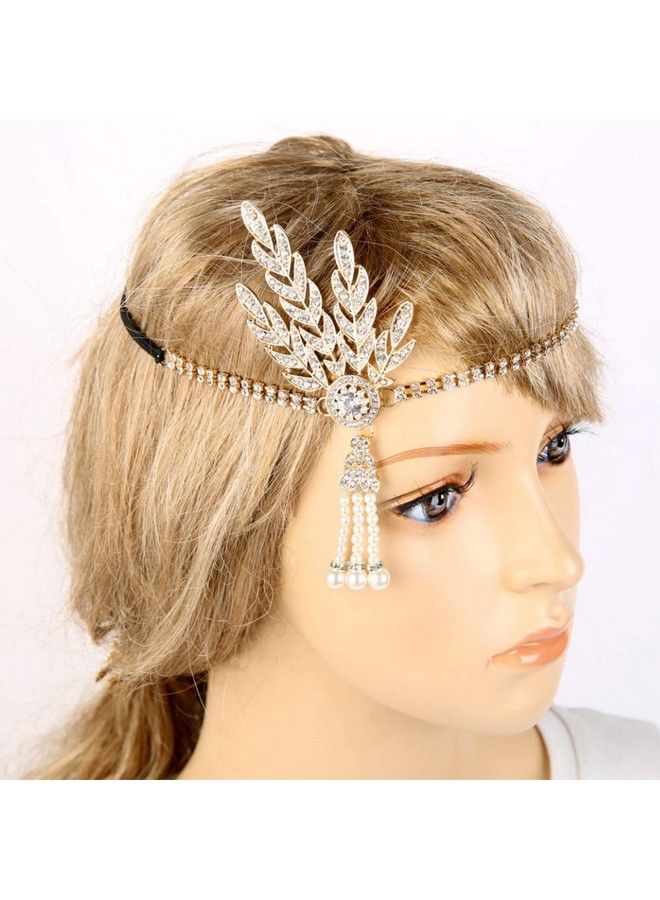 CBLUO 1920S Flapper Headband Great Gatsby Hair Hoops Rhinestone Crystal Tassel Headdress Leaf Pearl Headwear Headpiece Women Hairband Hair Band Party Decoration Cosplay Costume Hair Accessories Rose Golden  - Image 3