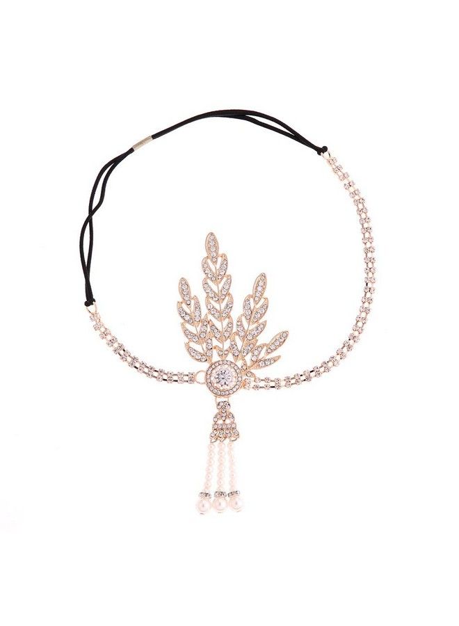 CBLUO 1920S Flapper Headband Great Gatsby Hair Hoops Rhinestone Crystal Tassel Headdress Leaf Pearl Headwear Headpiece Women Hairband Hair Band Party Decoration Cosplay Costume Hair Accessories Rose Golden  - Image 1
