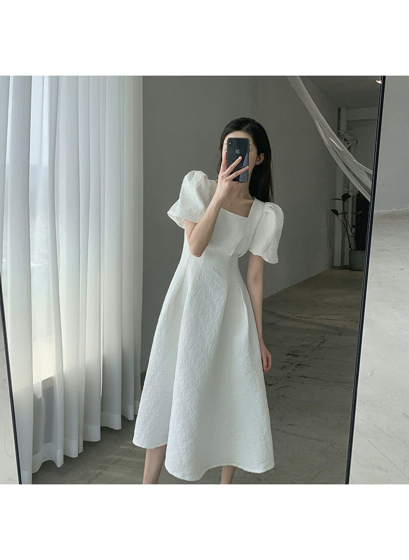 Generic - 2024 Summer Square Neck Slimming Embossed Dress for Women White - Image 1