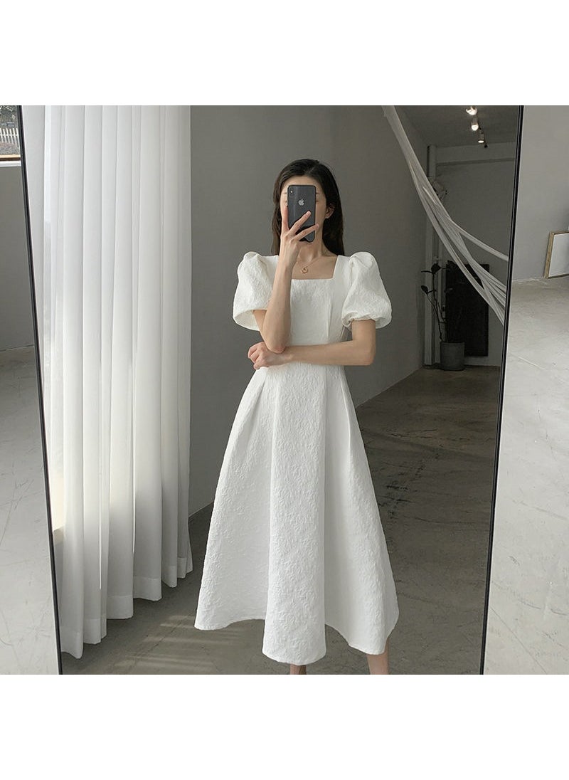 Generic - 2024 Summer Square Neck Slimming Embossed Dress for Women White - Image 1
