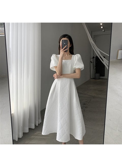 2024 Summer Square Neck Slimming Embossed Dress for Women White